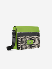 Green and zebra-patterned bag on a white background