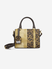 Handbag with leopard print and beige sections on a white background