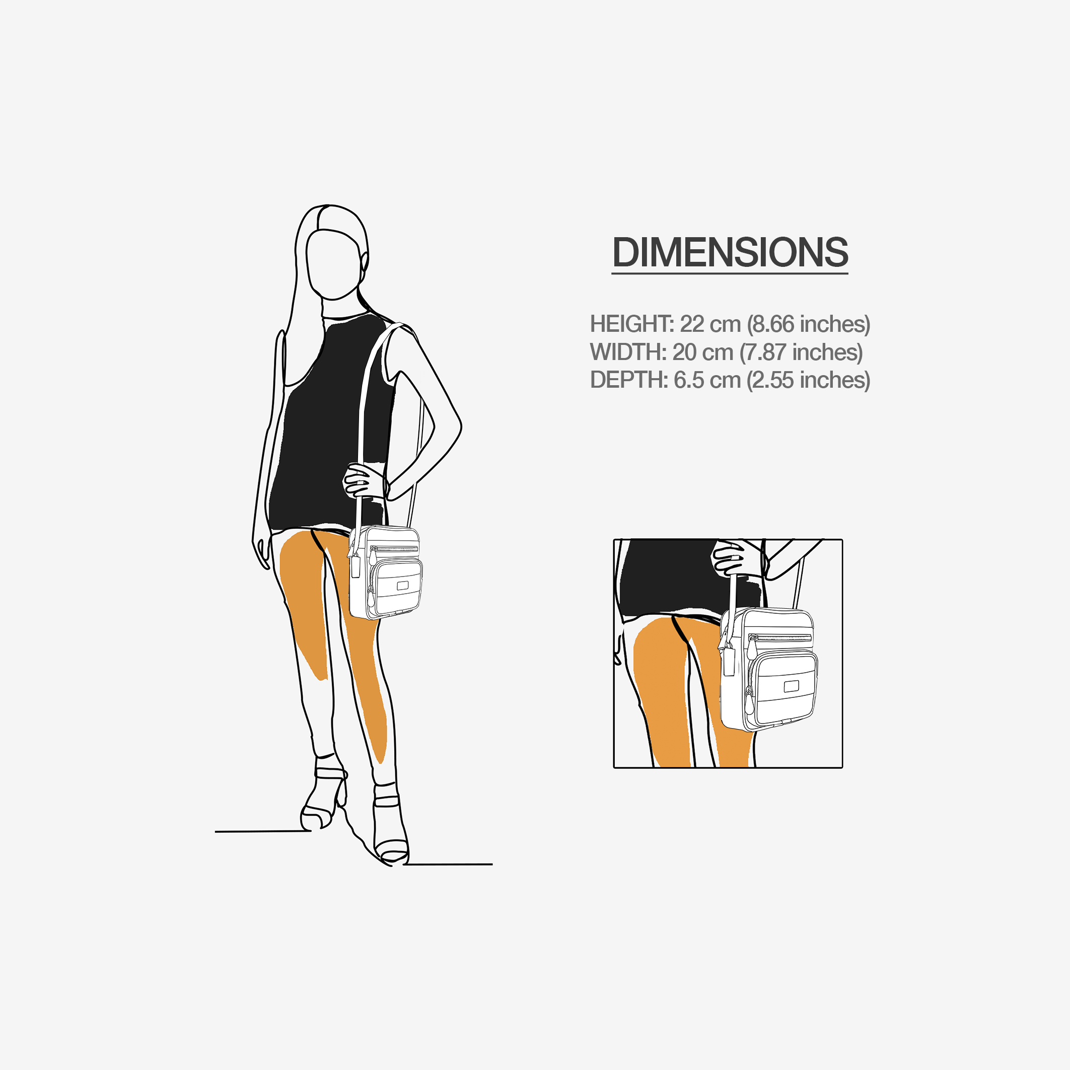Illustration of a person wearing a bag with dimensions displayed