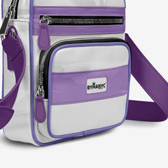 Purple and white crossbody bag with 'Bymanyc' logo on a white background