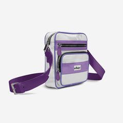 Purple and gray crossbody bag on a white background