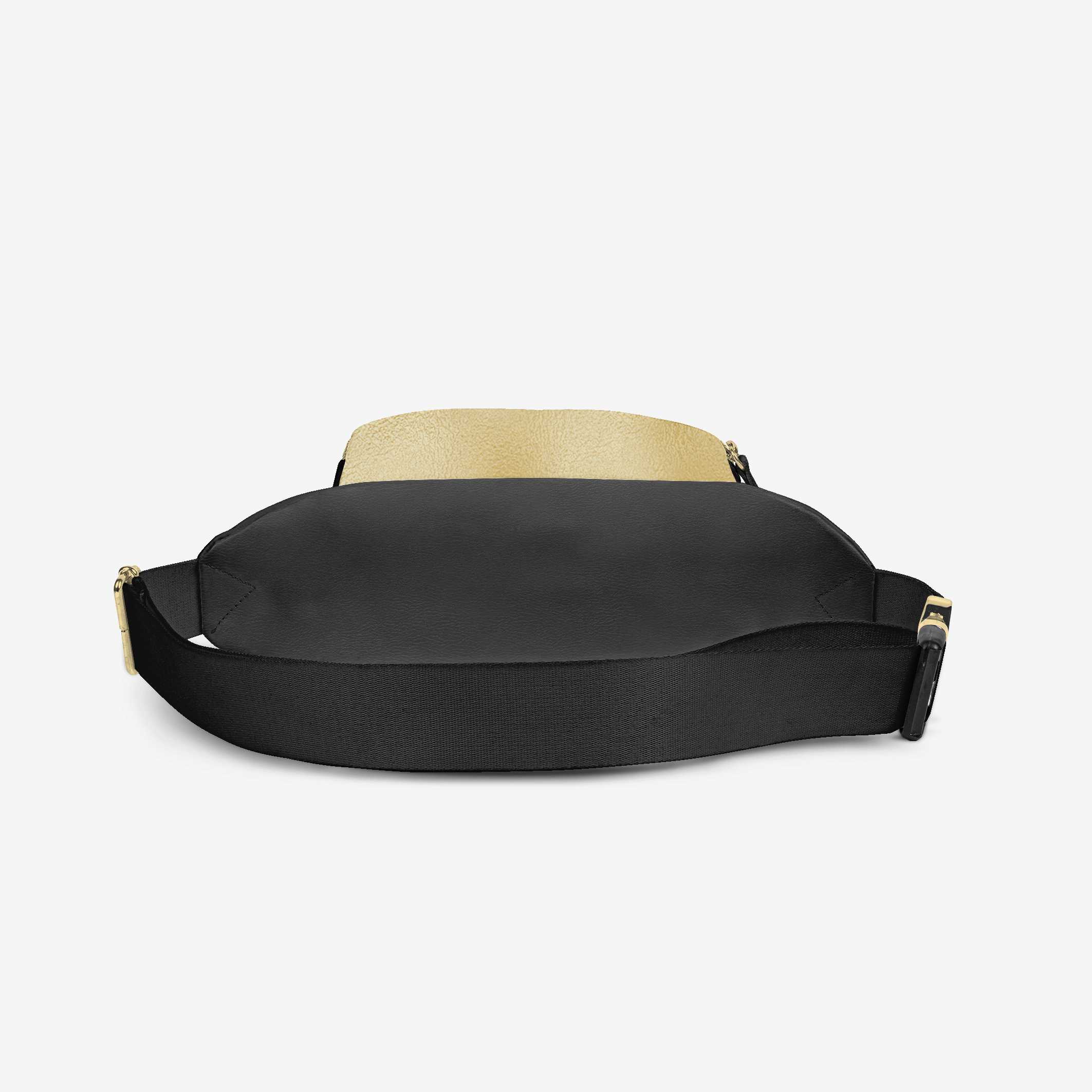Black waist bag with beige top on a light gray background