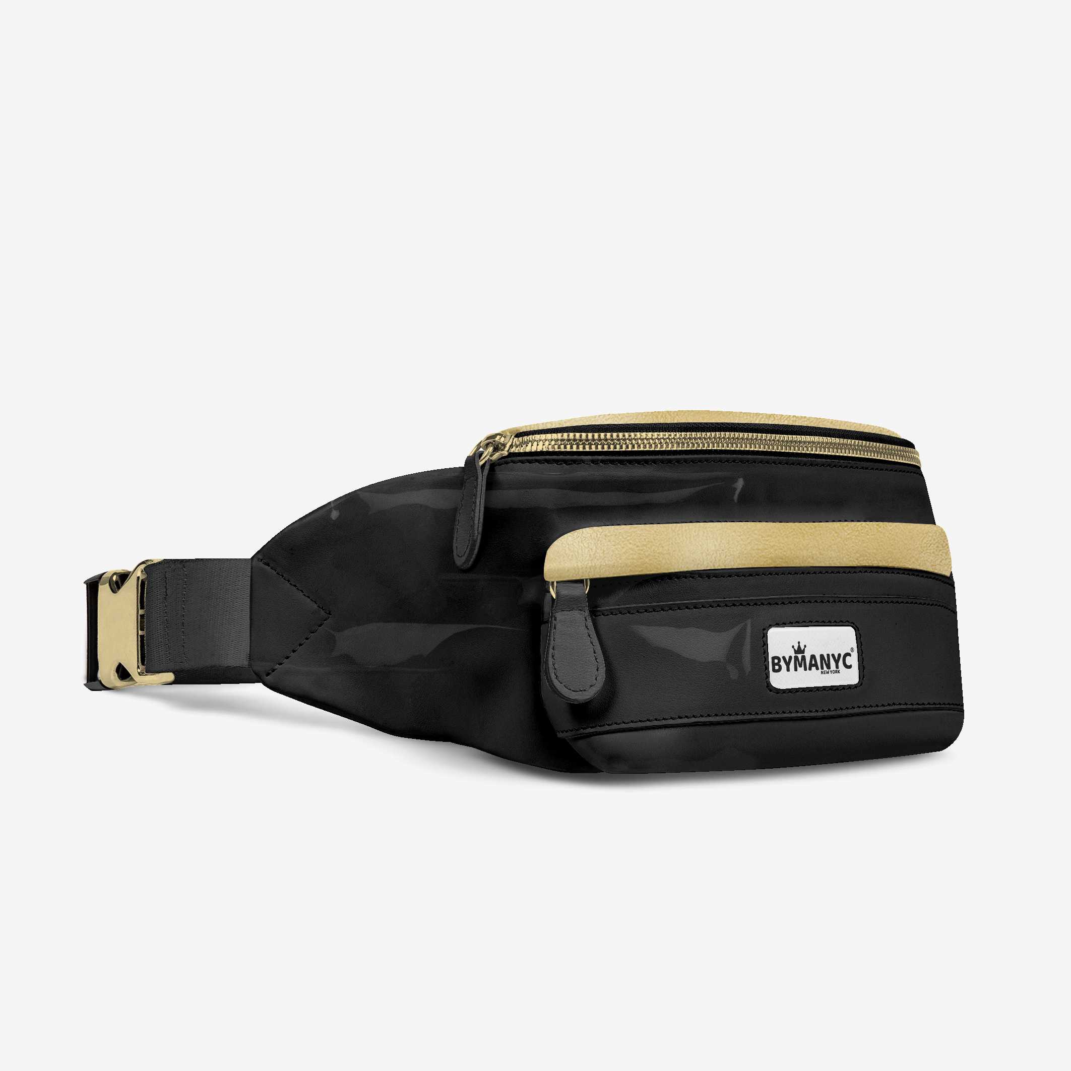 Black waist bag with beige accents and a visible brand logo on a light gray background