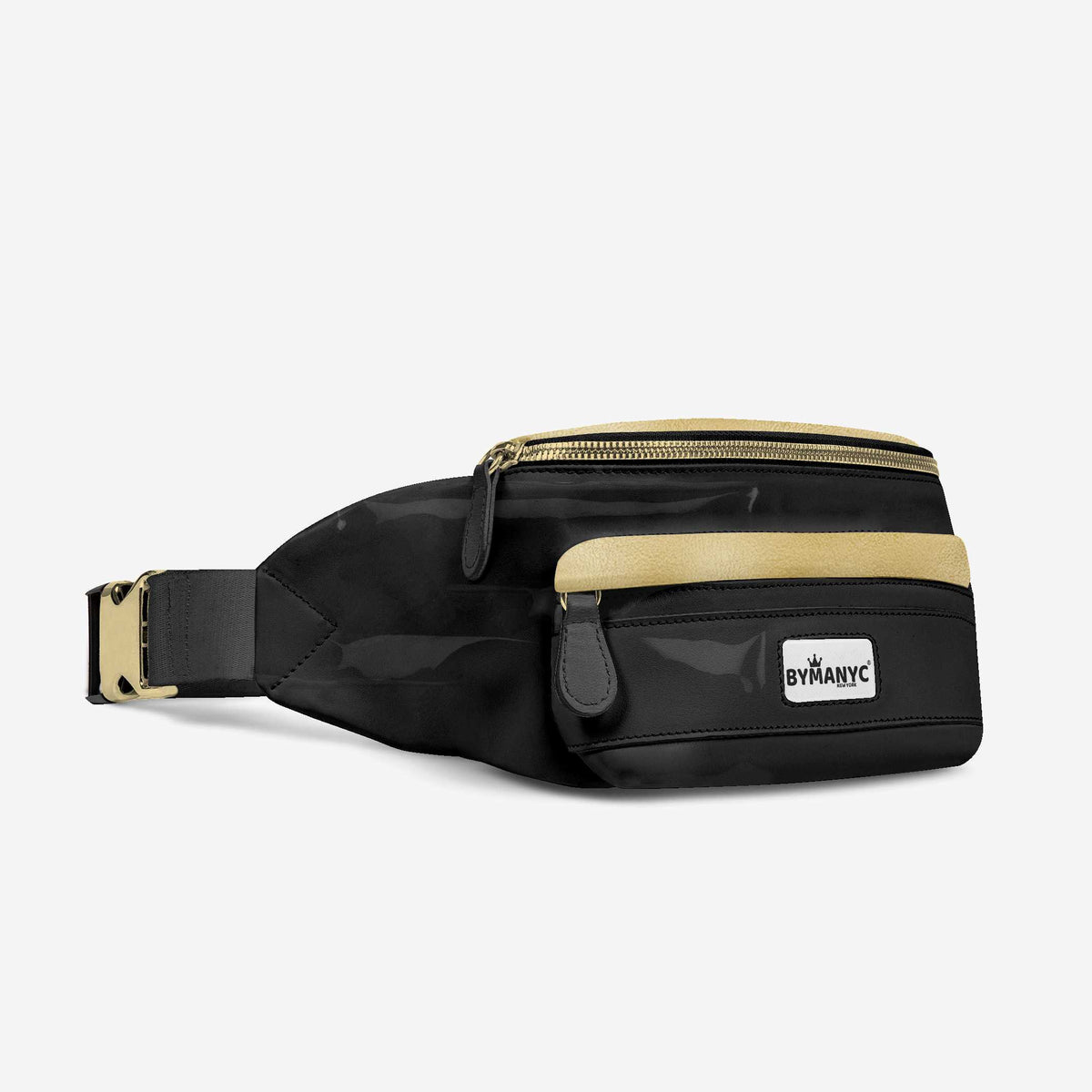 Black waist bag with beige accents and a visible brand logo on a light gray background