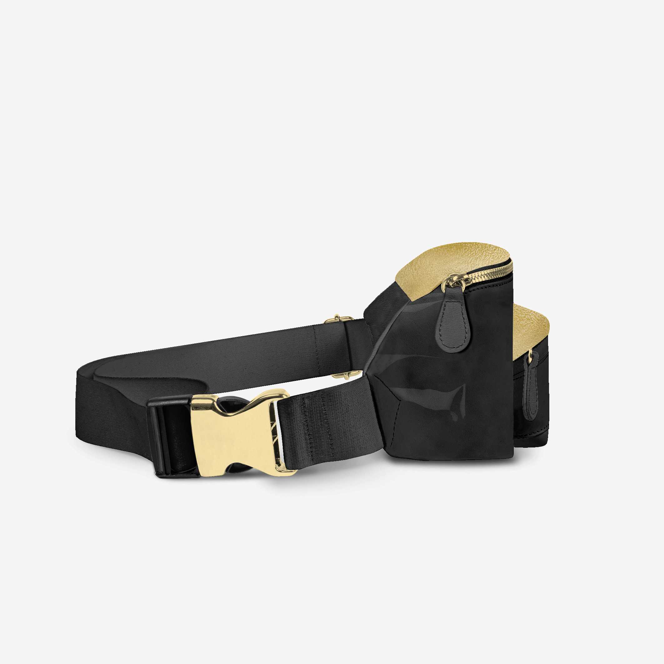Black belt with gold buckle and pouch on a white background