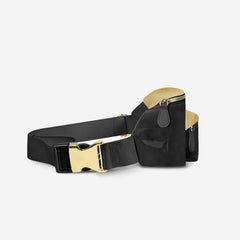 Black belt with gold buckle and pouch on a white background