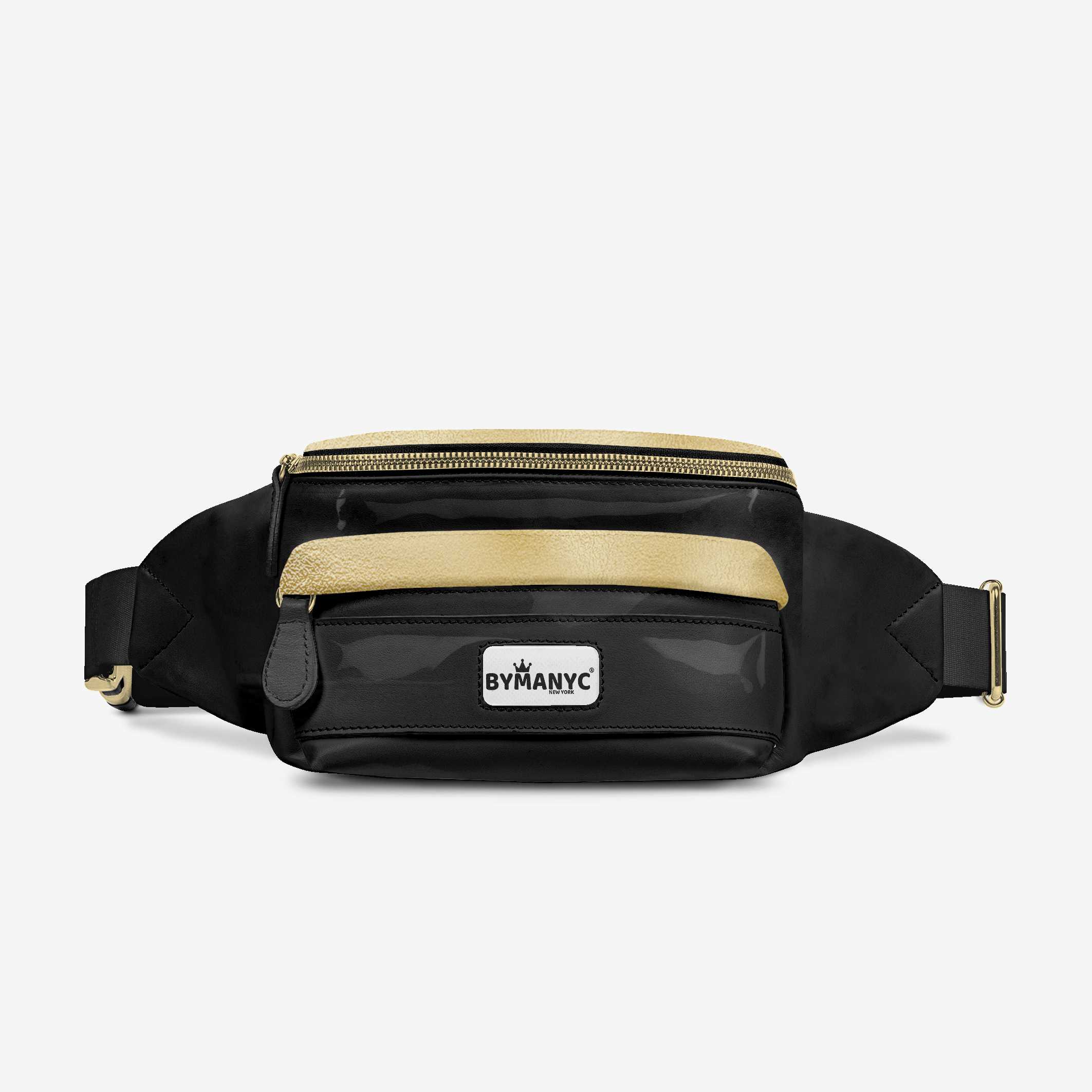 Black waist bag with gold accents and a visible brand logo on a light gray background