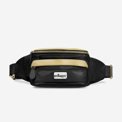 Black waist bag with gold accents and a visible brand logo on a light gray background