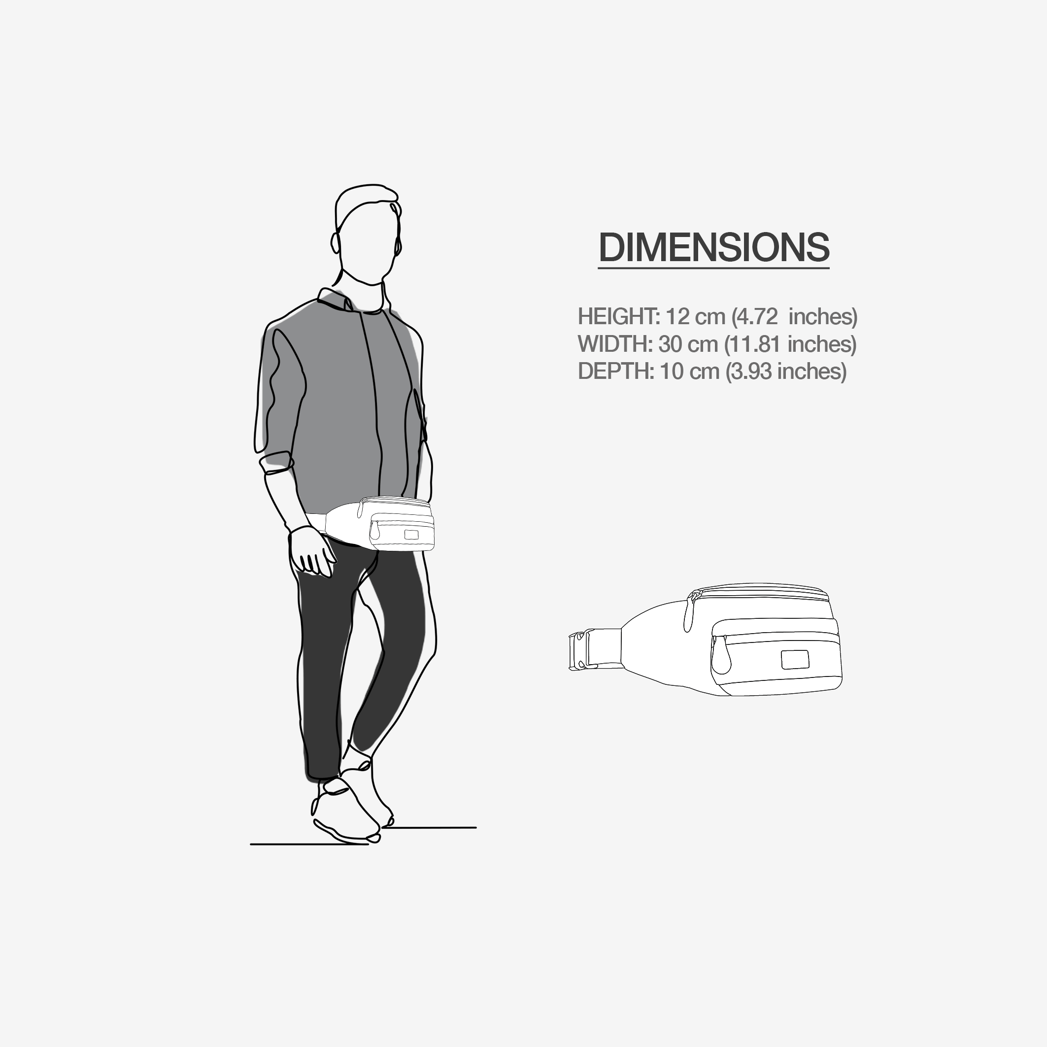 Illustration of a person wearing a belt bag with dimensions displayed.