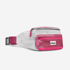 Pink and white waist bag with a visible brand logo on a light gray background