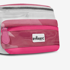 Pink and clear waist bag with 'Bymanyc' logo on a white background