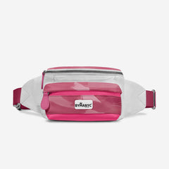 Pink and white waist bag with 'BYMANYC' logo on a light gray background