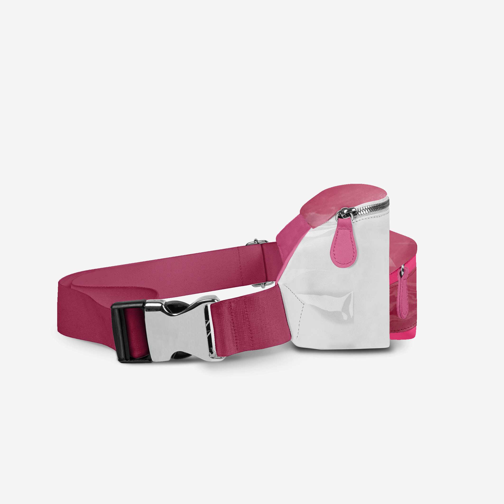 Pink dog collar with a white bag on a light gray background