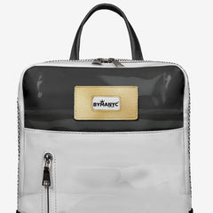 Gray backpack with a By Many brand label on a white background