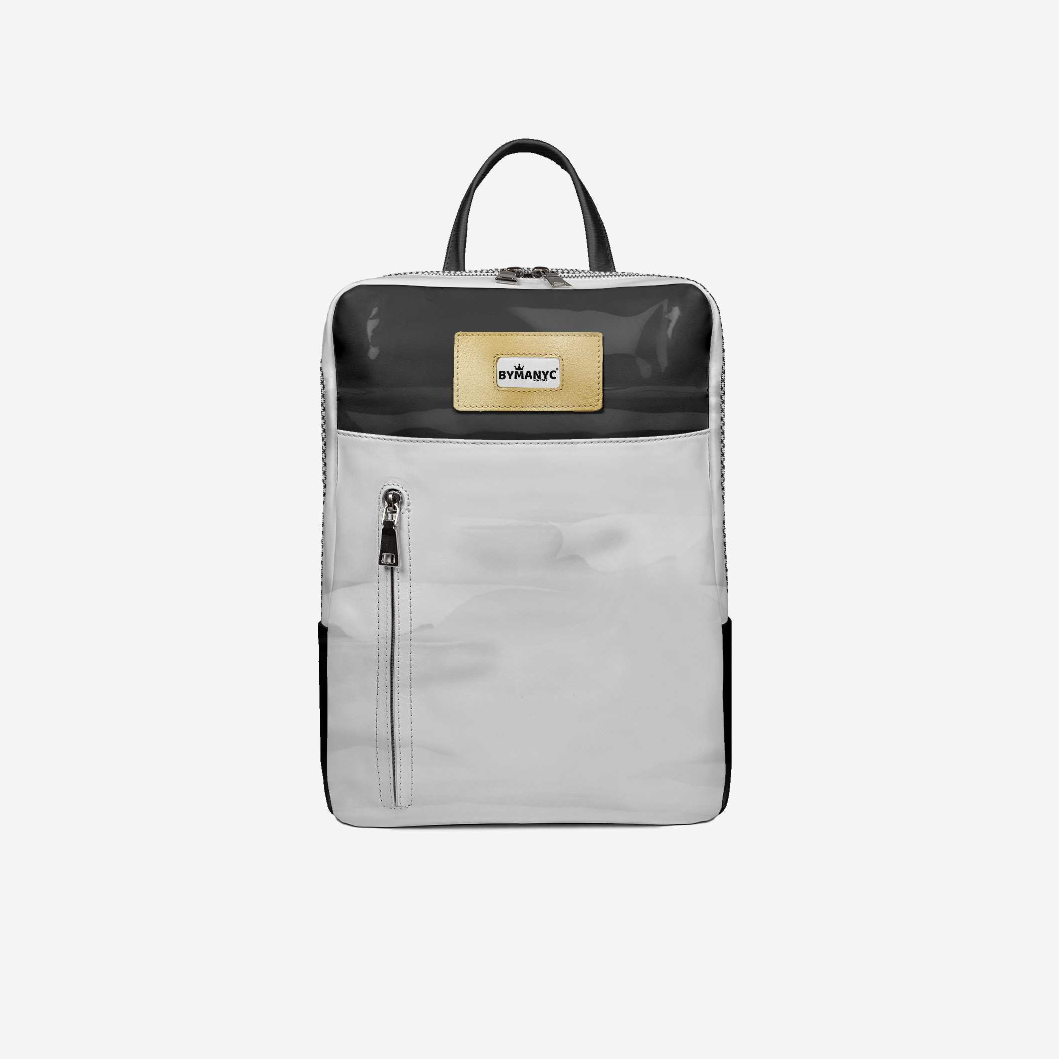 Gray backpack with a visible brand logo on a white background