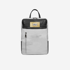 Gray backpack with a visible brand logo on a white background