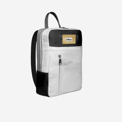 White and black backpack with a visible brand logo on a white background