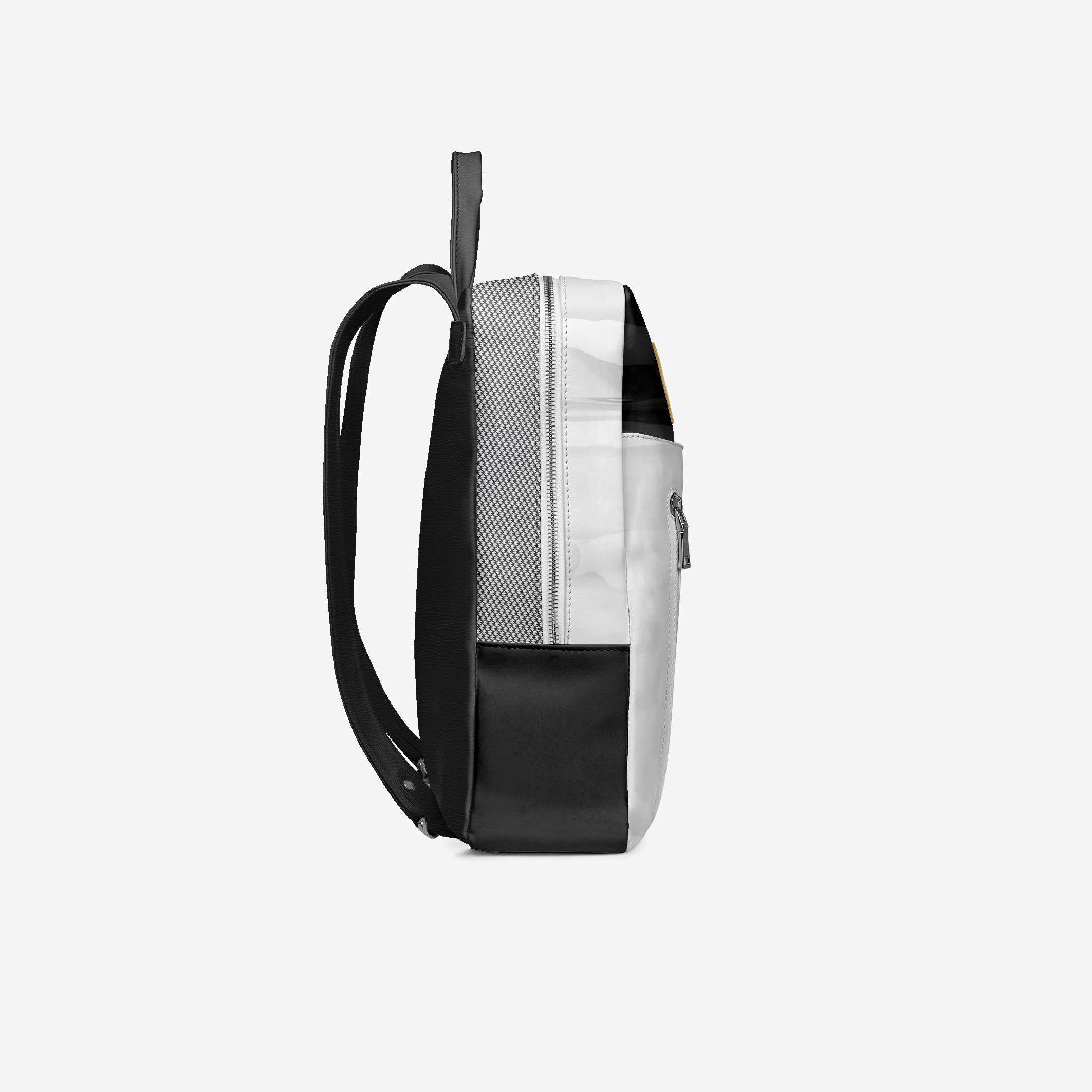 Backpack with black and white design on a light gray background
