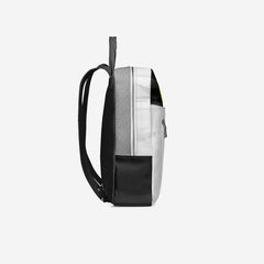 Backpack with black and white design on a light gray background