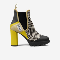Black ankle boot with zebra pattern and yellow block heel on a white background