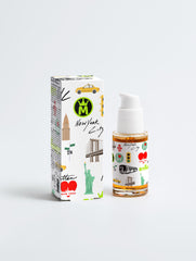 Skincare product with packaging featuring New York City landmarks on a white background