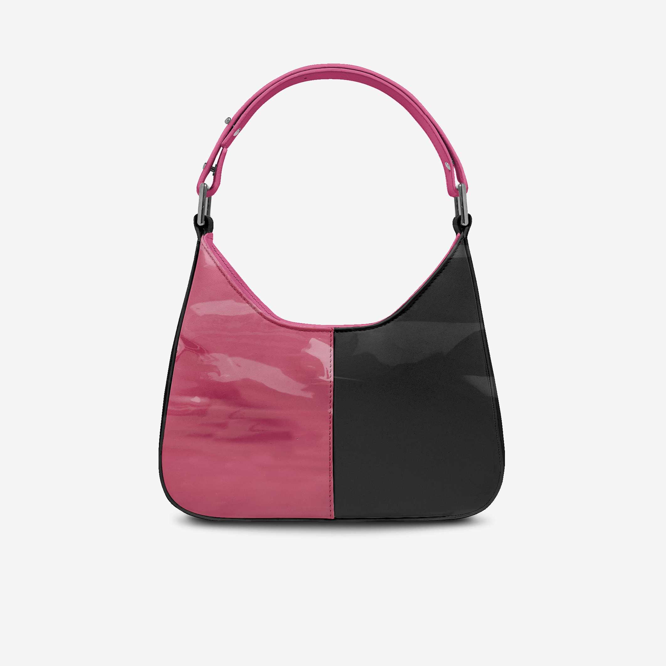 Two-tone pink and black handbag on a light gray background