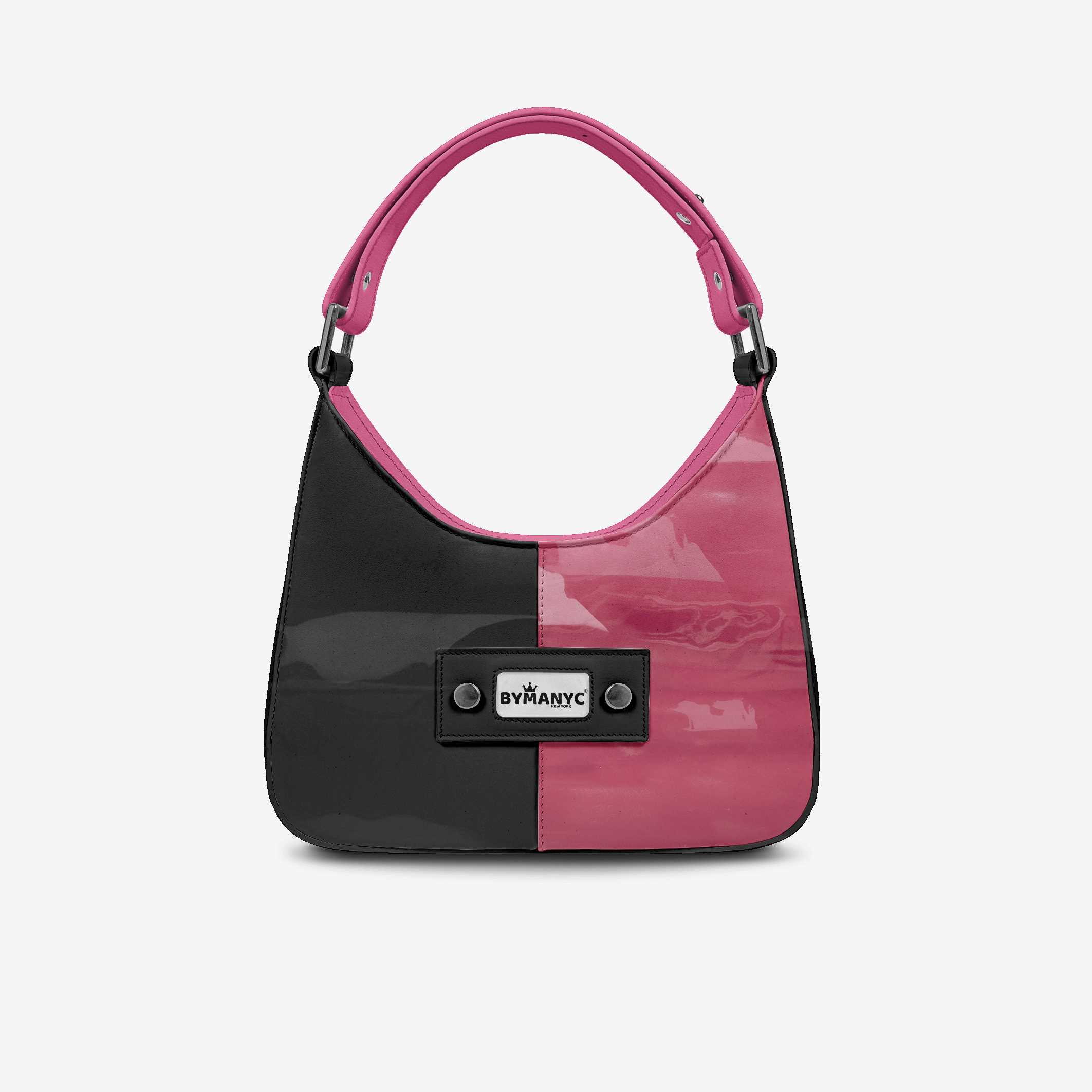 Black and pink handbag with a visible brand logo on a white background