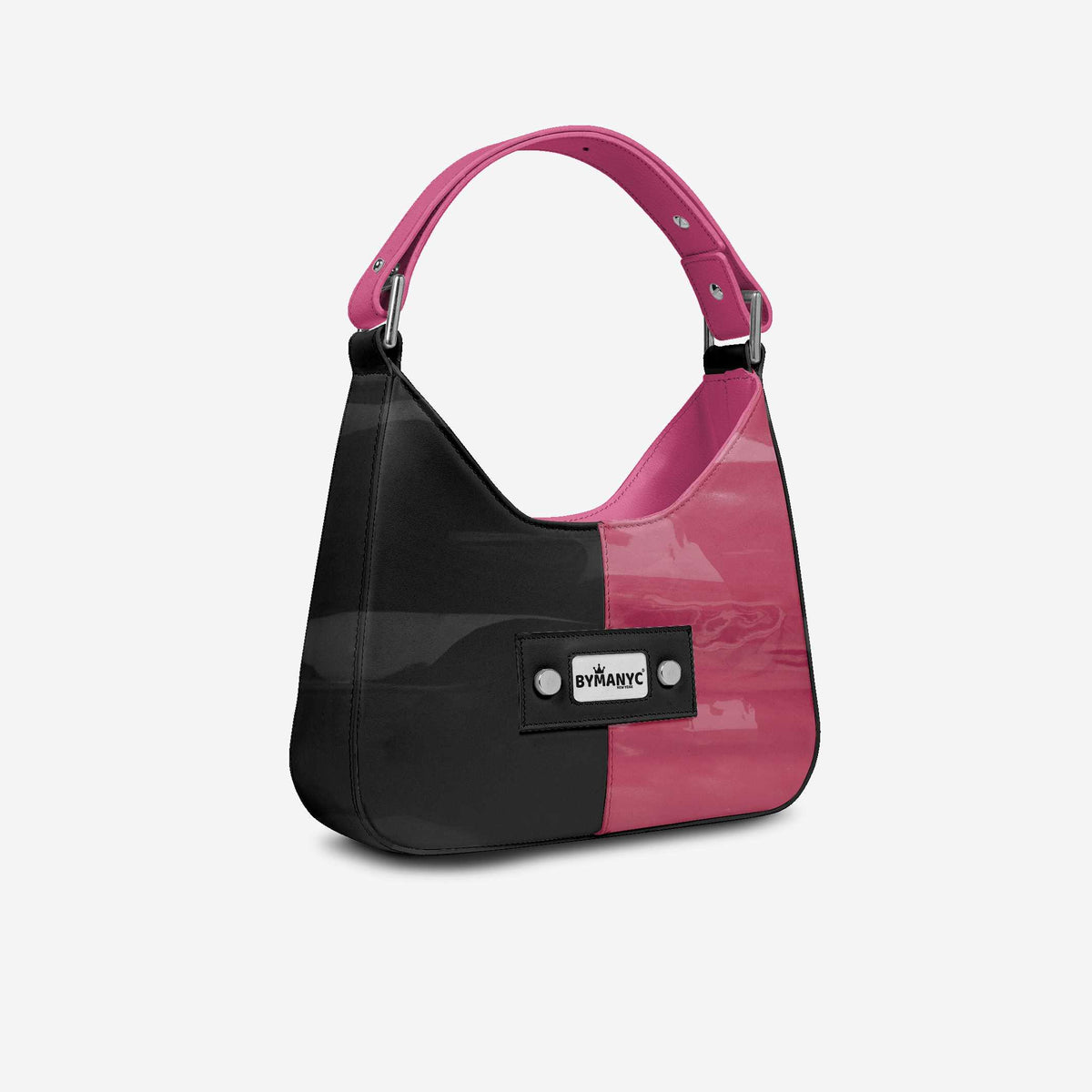 Black and pink handbag with a visible brand logo on a light gray background