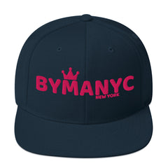 Navy blue cap with red 'BYMANYC New York' text on a white background