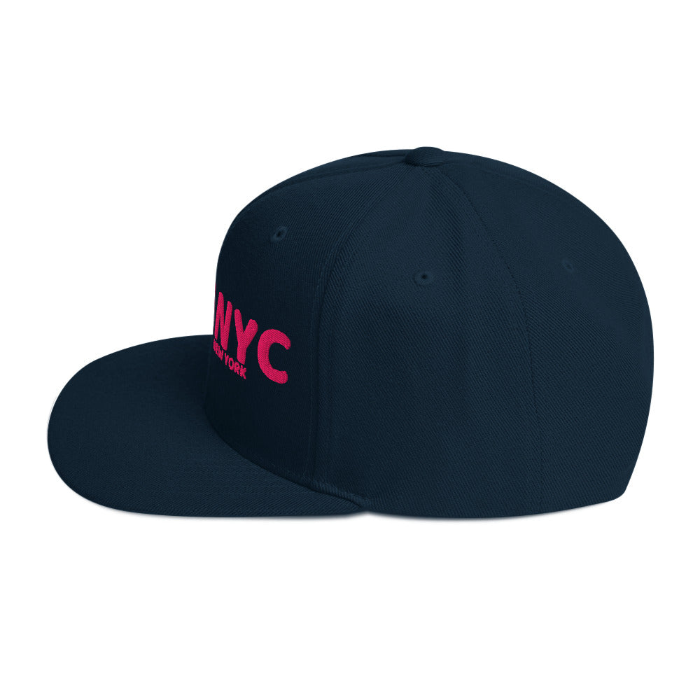 Black cap with pink 'NYC' text on a white background