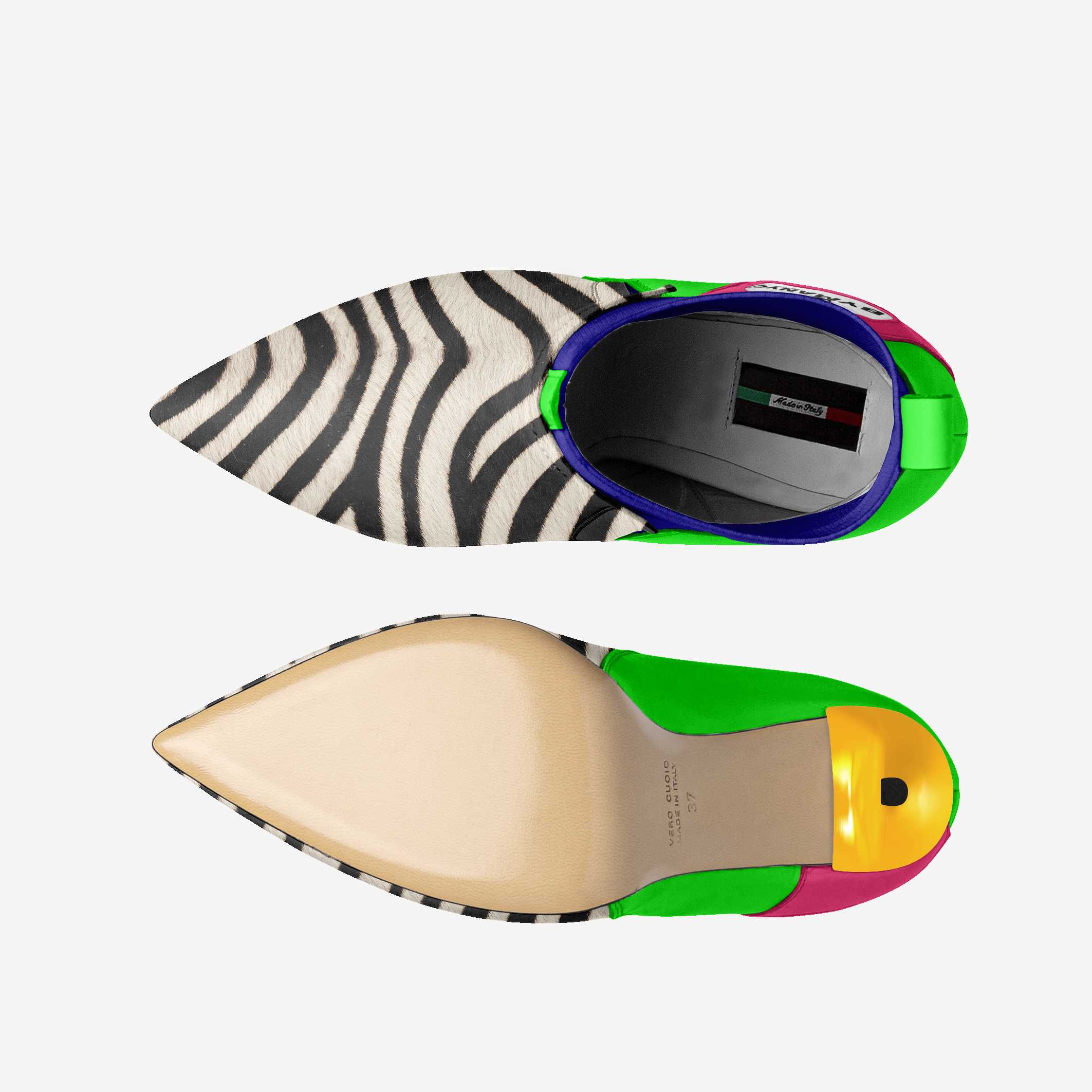 Colorful shoe sole with zebra pattern and multicolored heel cup on a white background