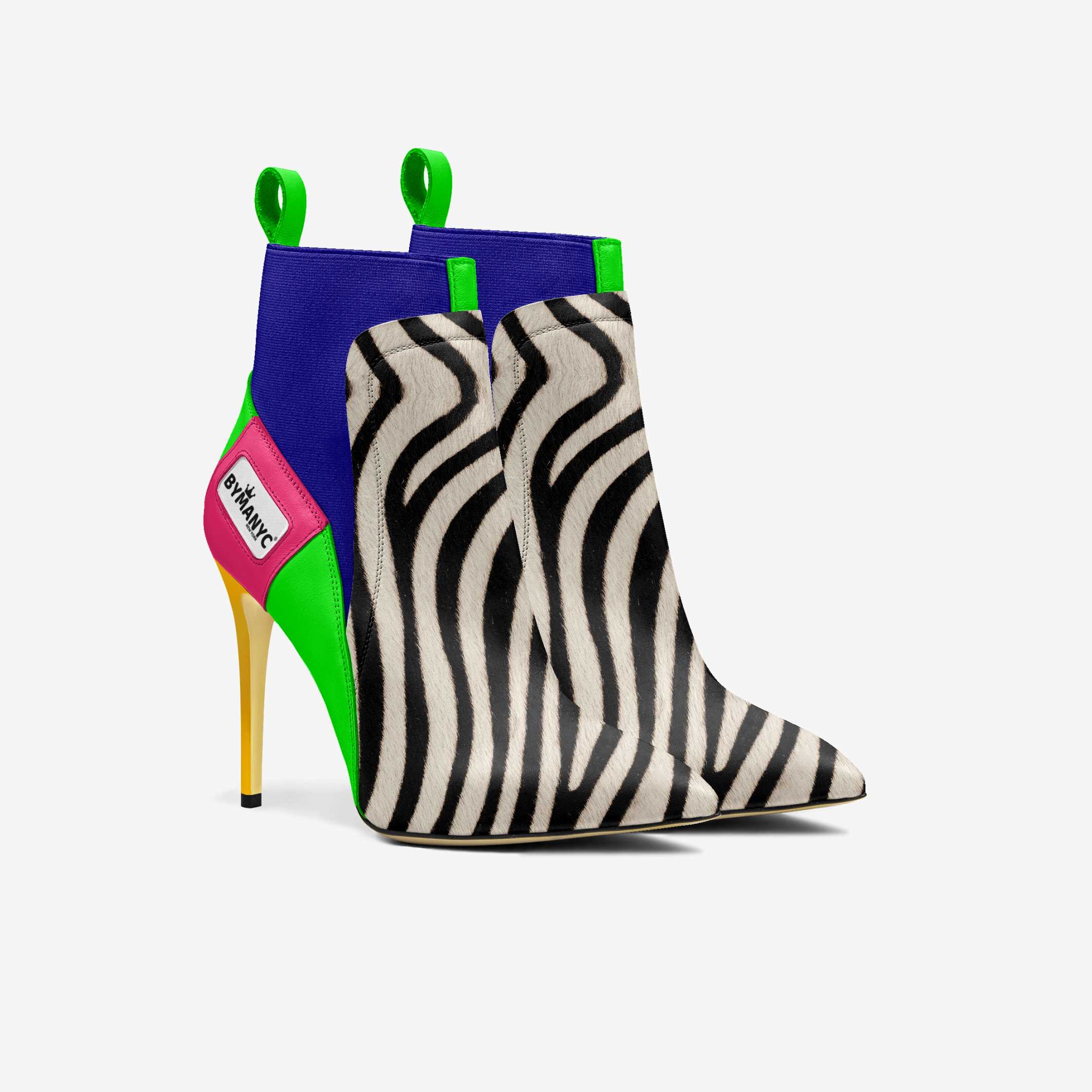 Zebra print ankle boot with colorful heel on a white background