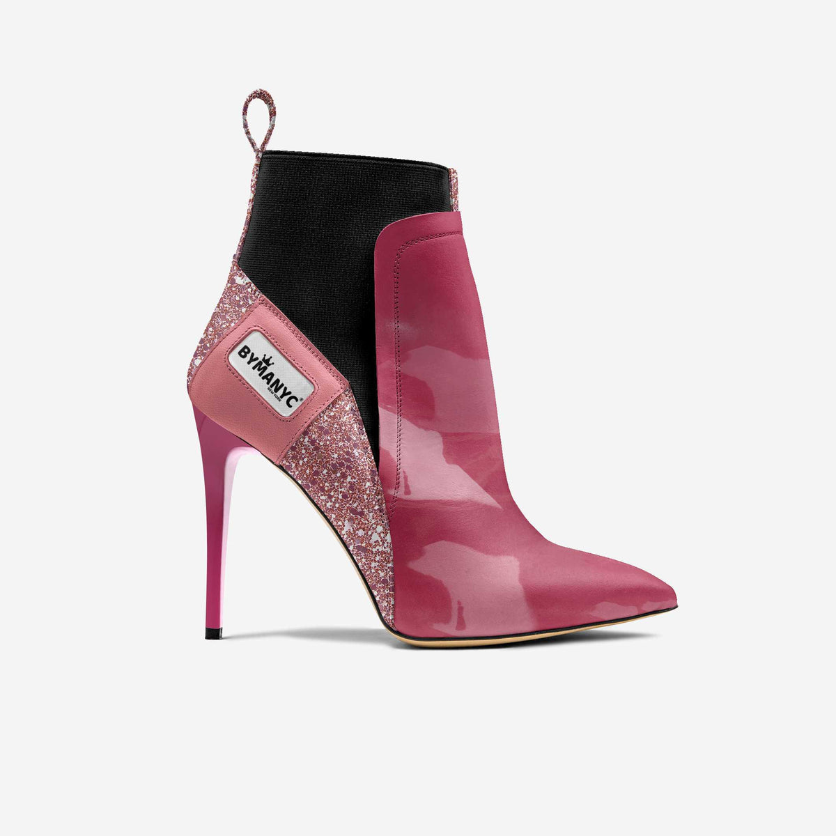 Pink high-heeled boot with glittery accents on a white background