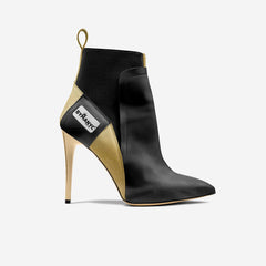 Black high-heeled ankle boot with gold accents on a white background