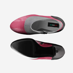 Pink and black shoe with a visible brand logo on a white background