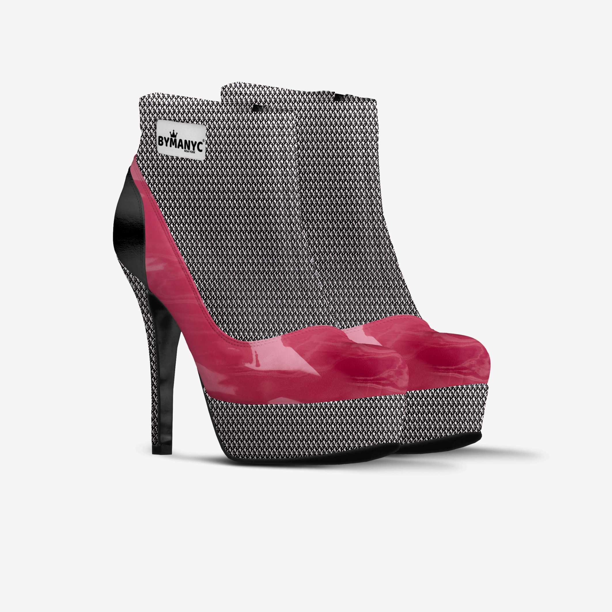 High-heeled shoes with pink soles and black and white patterned uppers on a white background