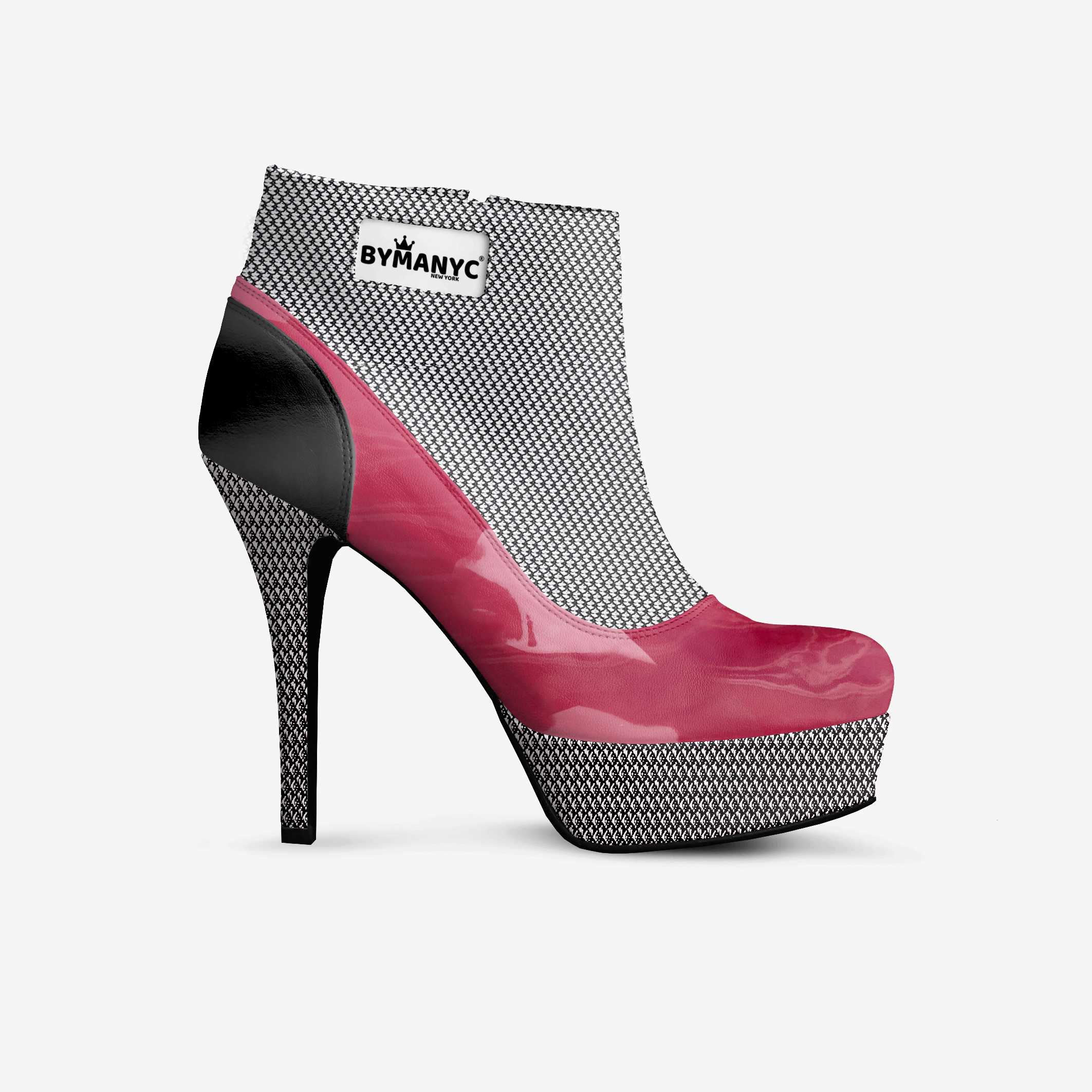 High-heeled shoe with pink and black design on a white background