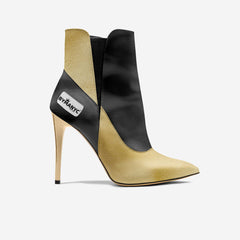 High-heeled ankle boot with black and beige design on a white background