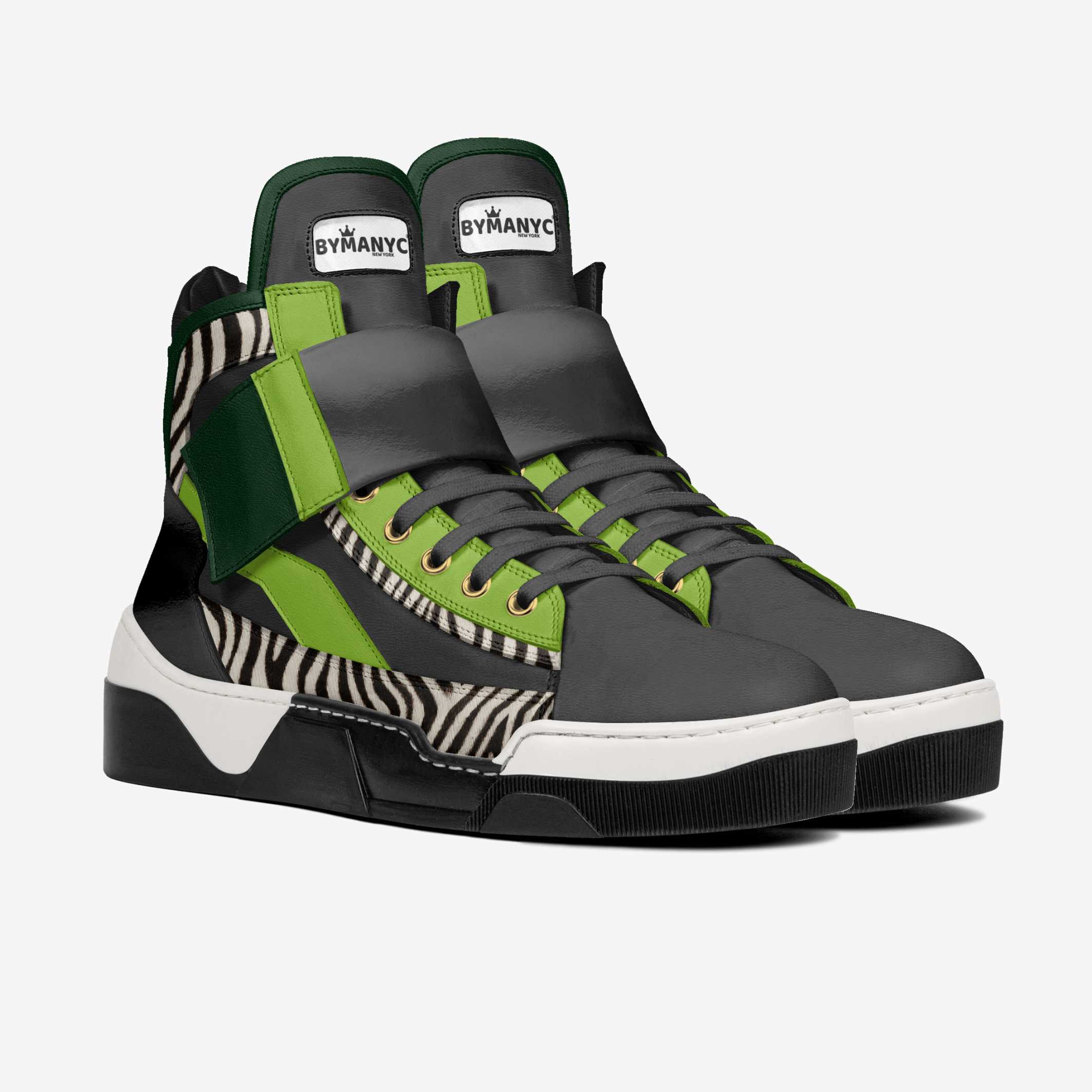 High-top sneakers with zebra pattern and green accents on a white background