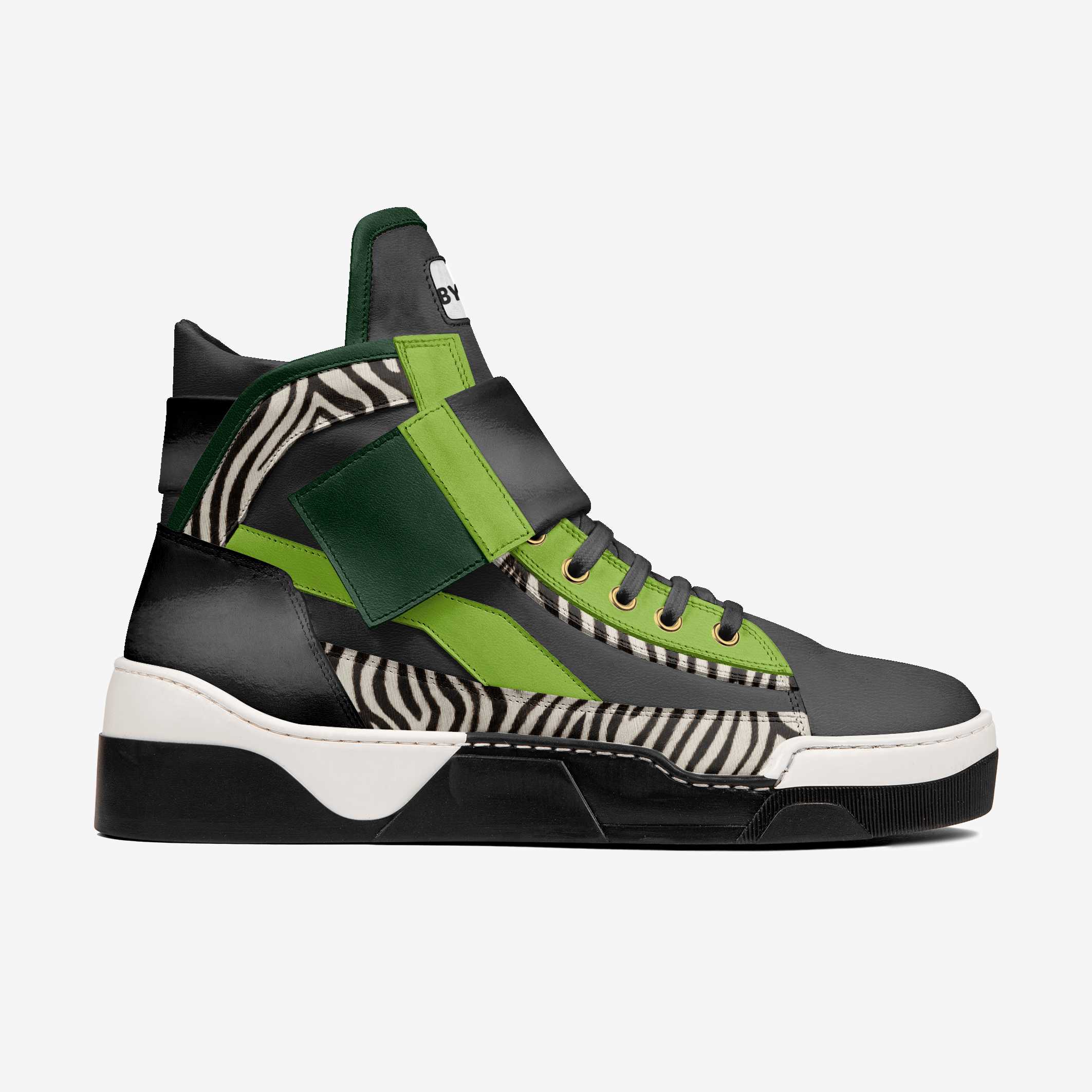 Black and green sneaker with zebra pattern on a white background