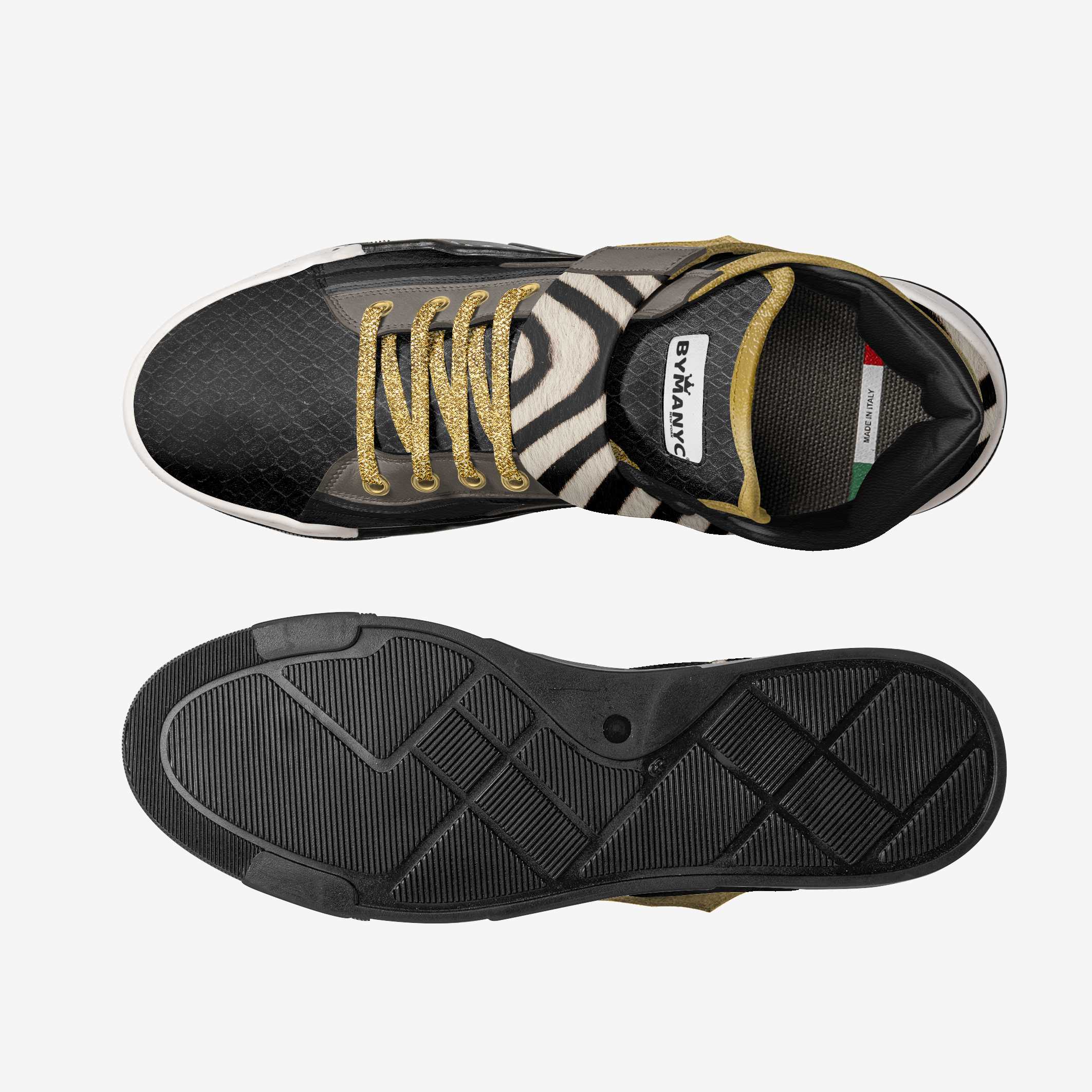 Black sneaker with patterned sole and brand logo on a white background