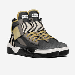 Gray high-top sneakers with zebra pattern and gold accents on a white background
