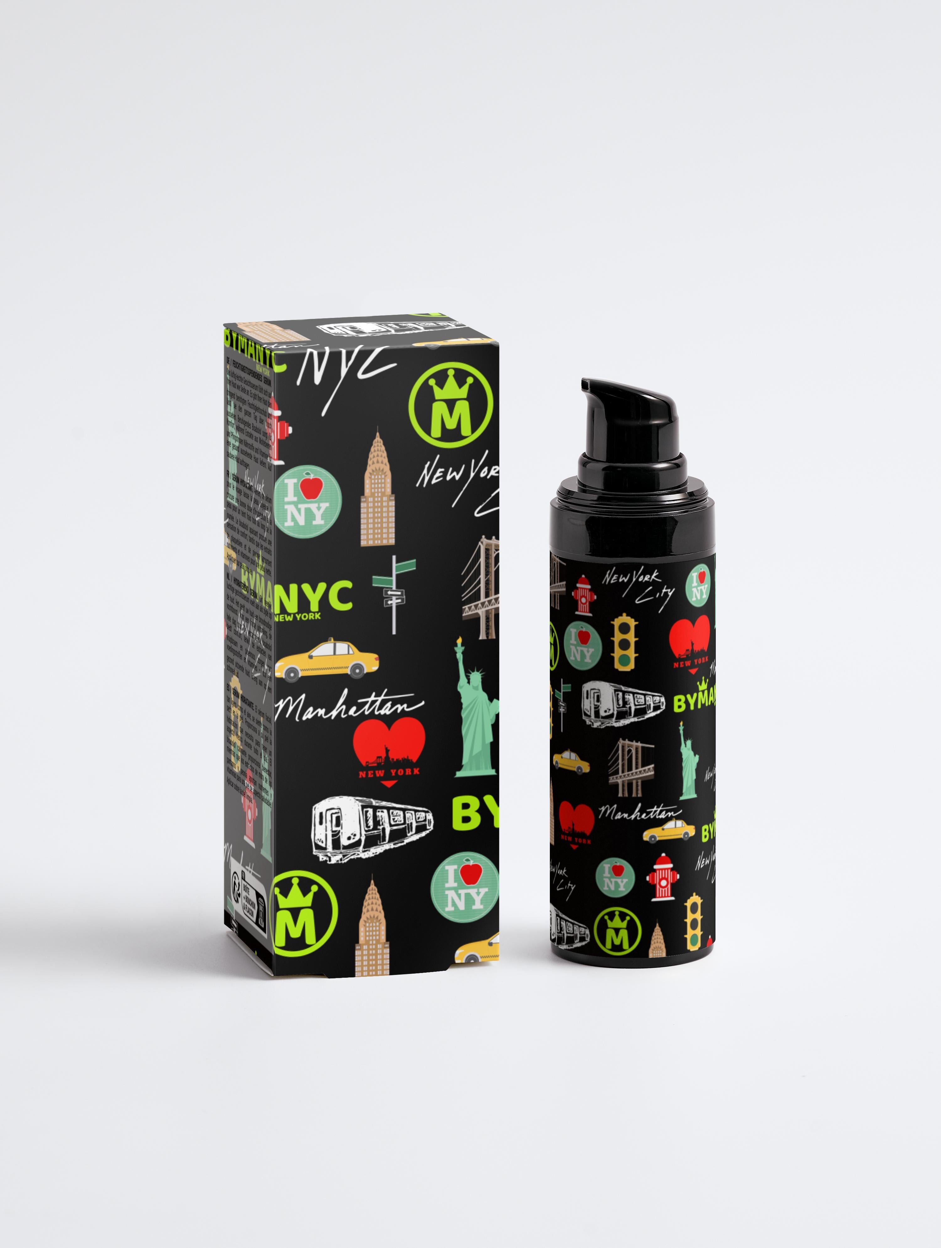 Skincare product with packaging featuring New York City-themed illustrations on a white background