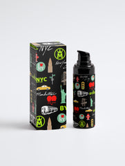 Skincare product with packaging featuring New York City-themed illustrations on a white background