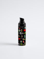 Black foam bottle with colorful graphics on a white background