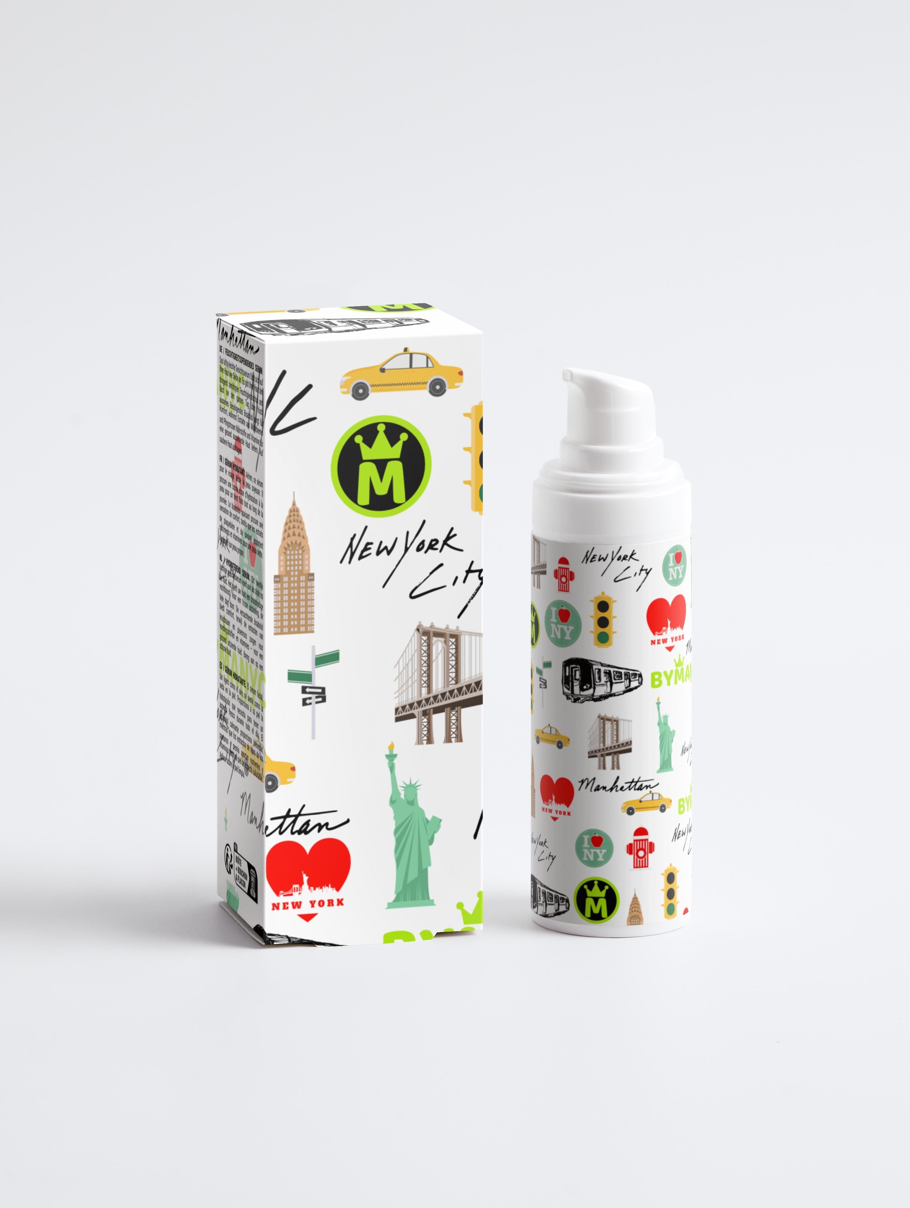 Product packaging with New York City-themed design on a white background