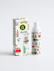Product packaging with New York City-themed design on a white background