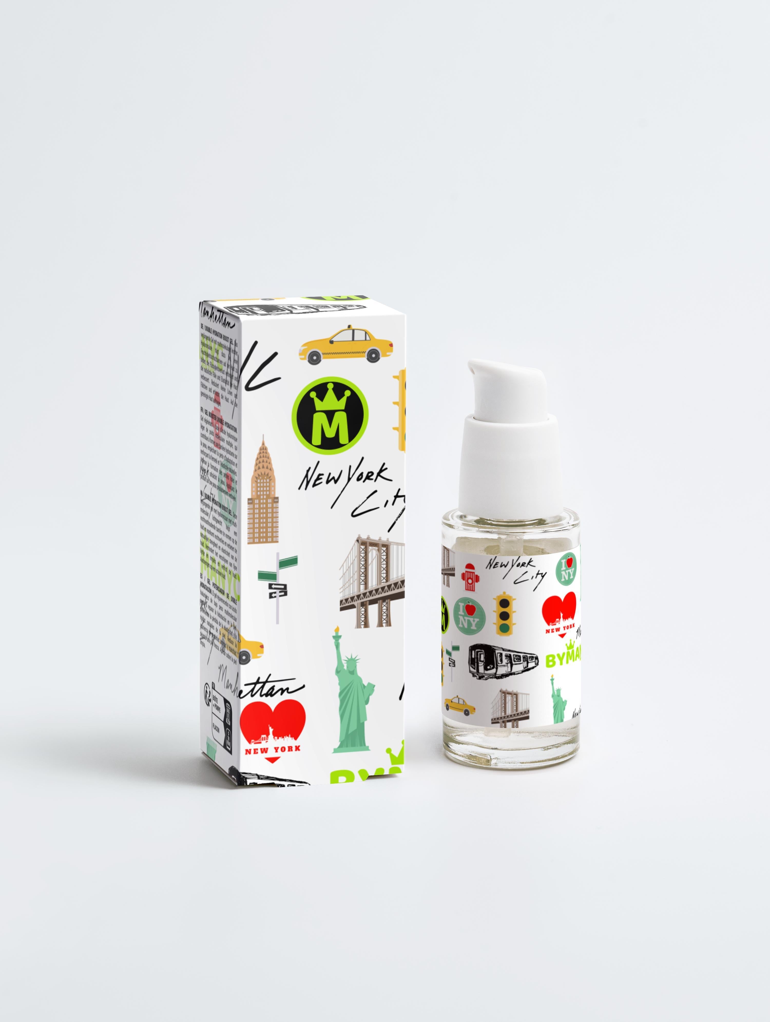 Bottle and packaging of New York City-themed product on a white background