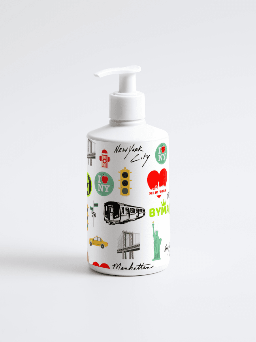 White bottle with New York-themed graphics on a white background