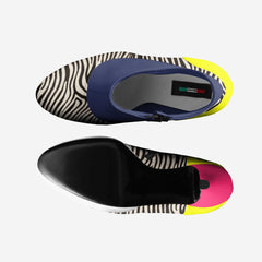 Two pairs of colorful shoes with zebra pattern soles on a white background